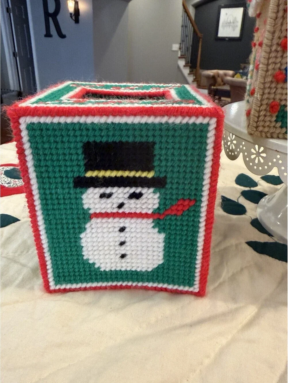 Vtg Handmade Needlepoint Canvas Gingerbread House & Set Of 2 Tissue Box Covers